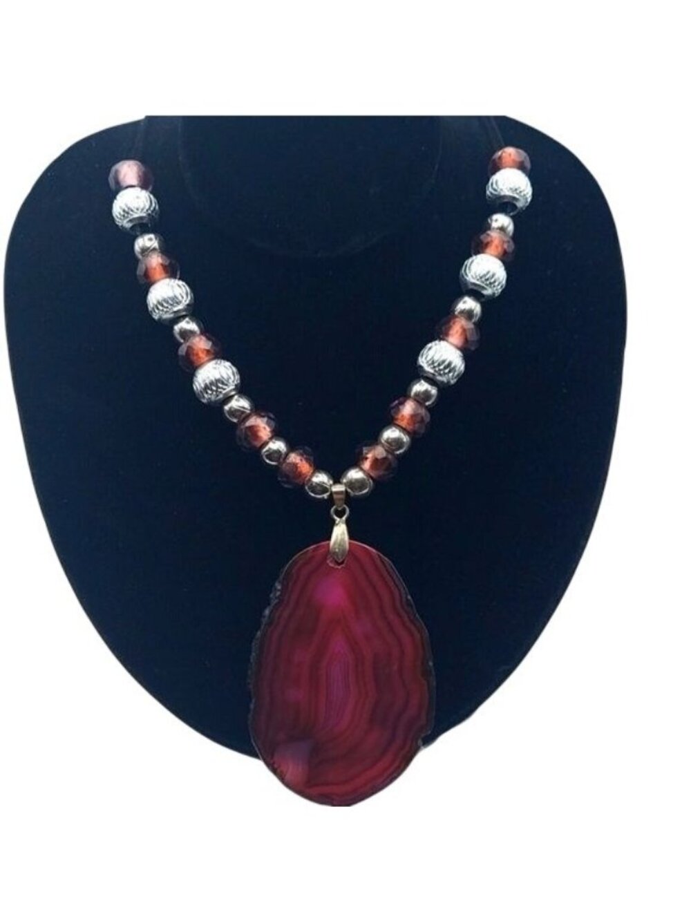 Agate Slice Necklace Hand Crafted Swarovski Crystal Beads Wine Red Velvet Cord